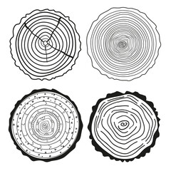 Tree rings. Set of cross section of the tree.Set of tree rings on isolation background. Conceptual graphics. Line art. Objects for design. Decorative style.Outline for printing, posters and other