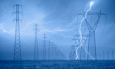 High voltage power line with amazing  lightning