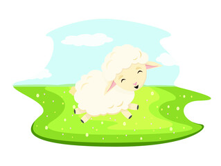 Cute fluffy sheep running around in the meadow. Children's illustration. Nursery