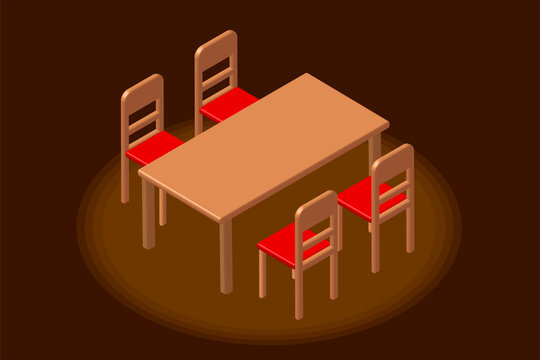 Isometric Dining Room. Isometric Dining Table And Red Chair In Dark Brown Room. 3D Rendering.