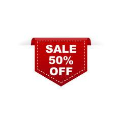 Sale 50% off, discount banner , red badge. Vector illustration.