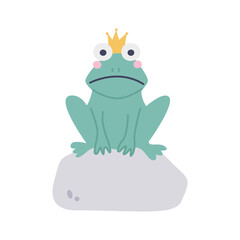 Funny frog with a crown on a stone. Vector image in a flat cartoon style on a white background. Decor for children's posters, postcards, clothing and interior