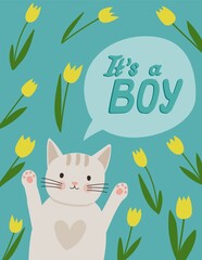 It's a Boy, baby shower invitation banner or greeting card. Blue template with cute white kitten and yellow tulips.