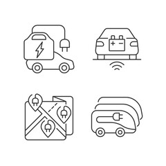 Electric vehicle charging linear icons set. Charging time of electromobiles. Money spent for electricity. Customizable thin line contour symbols. Isolated vector outline illustrations. Editable stroke