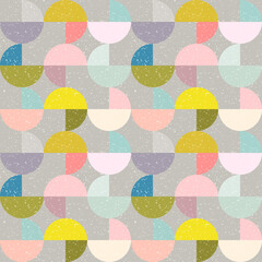 Modern vector abstract seamless geometric pattern with semicircles and circles in retro scandinavian style. Pastel colored colorful shapes with worn out texture .