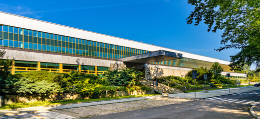 Main building and entrance to National Library at aleja Niepodleglosci Independence avenue in Mokotów district of Warsaw, Poland