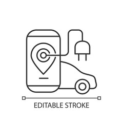 EV charging app linear icon. Digital application to find charging stations for electromobile. Thin line customizable illustration. Contour symbol. Vector isolated outline drawing. Editable stroke