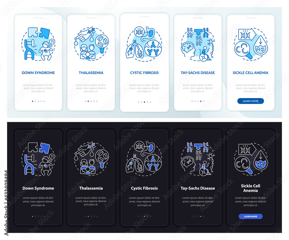 Poster most common genetic diseases onboarding mobile app page screen with concepts. health walkthrough 5 s