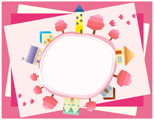 シンプルな街並みと都市の風景イラスト　ベクターイラスト　春の景色