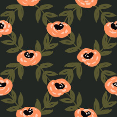 Flowers and leaves of round roses in a diamond geometrical pattern in pink, green and black. Cute floral seamless vector pattern. Great for home décor, fabric, wallpaper, gift wrap, stationery, etc.