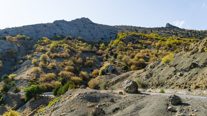 Mountain road near Veseloe village near Sudakon sunny autumn day.