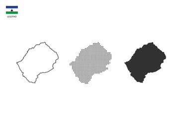 3 versions of Lesotho map city vector by thin black outline simplicity style, Black dot style and Dark shadow style. All in the white background.