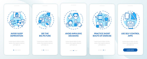 Self-control boosting tips blue onboarding mobile app page screen with concepts. Decision making walkthrough 5 steps graphic instructions. UI, UX, GUI vector template with linear color illustrations