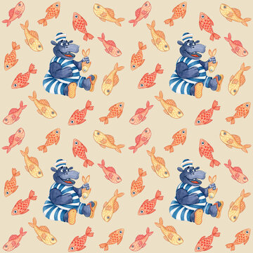 pattern Sailor hippo surrounded with goldfish