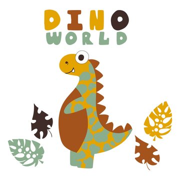 Cartoon hand-drawn dinosaur print for kids stock vector illustration. Calm natural colors funny happy dino and leaves and dino world lettering white isolated