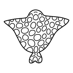 Stingray hand-drawn doodle black linear white isolated stock vector illustration. Batoidea fish coloring page for kids on sea-themed. Contour unusual sea creature with circle spots a funny character