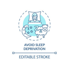 Avoid sleep deprivation blue concept icon. Healthy lifestyle, personal management and regulation. Self control idea thin line illustration. Vector isolated outline RGB color drawing. Editable stroke