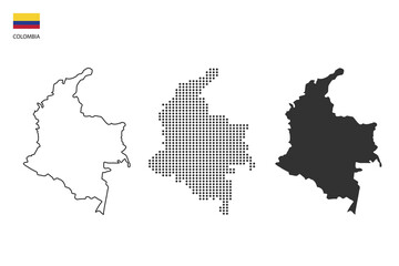 3 versions of Colombia map city vector by thin black outline simplicity style, Black dot style and Dark shadow style. All in the white background.