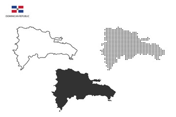3 versions of Dominican Republic map city vector by thin black outline simplicity style, Black dot style and Dark shadow style. All in the white background.