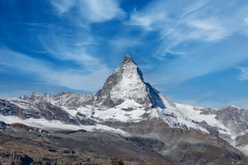 Landscape of Matterhorn, a mountain of the Alps, straddling the main watershed and border between Switzerland and Italy from Gornergrat Bahn in Zermatt