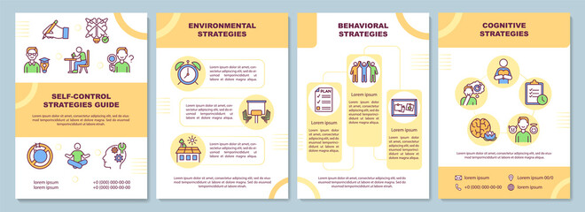 Fototapeta premium Self control strategies guide brochure template. Work life harmony. Flyer, booklet, leaflet print, cover design with linear icons. Vector layouts for presentation, annual reports, advertisement pages
