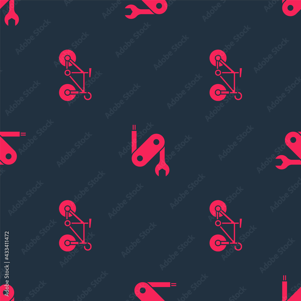 Poster set bicycle and swiss army knife on seamless pattern. vector