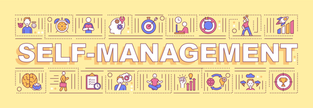 Self management word concepts banner. Goal setting, work life balance. Infographics with linear icons on orange background. Isolated typography. Vector outline RGB color illustration