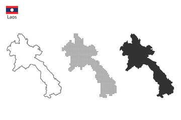 3 versions of Laos map city vector by thin black outline simplicity style, Black dot style and Dark shadow style. All in the white background.