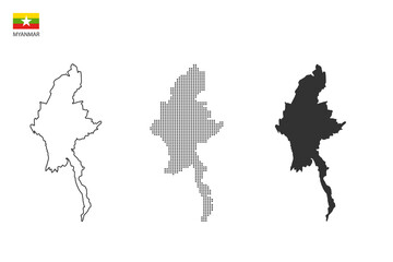 3 versions of Myanmar map city vector by thin black outline simplicity style, Black dot style and Dark shadow style. All in the white background.
