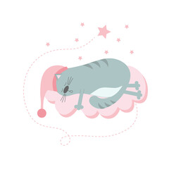 A cute gray cat in a night cap sleeps on a pink cloud. Baby shower. Postcard for the frame in the baby s nursery.