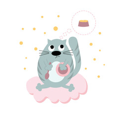 A cute gray cat with an empty plate and spoon is dreaming about food while sitting on a pink cloud. Baby shower. Postcard for the frame in the nursery. Morning of the cat.