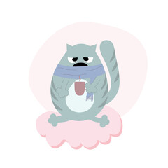 Cute unhappy frozen gray cat in a scarf with a mug of tea. Baby shower. Postcard for the frame in the nursery.