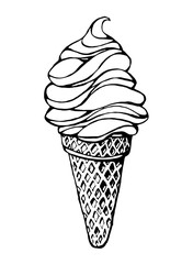 ice cream in a waffle cone. Black vector on a white background