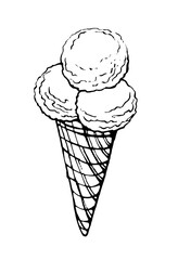 ice cream in a waffle cone. Black vector on a white background