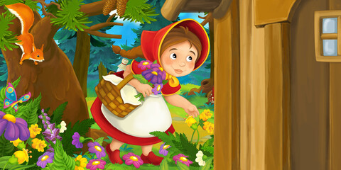 Cartoon scene of young girl in the forest illustration