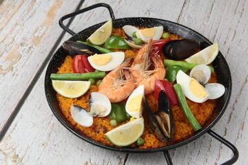 Seafood Paella or Spanish rice dish with seafood and vegetables