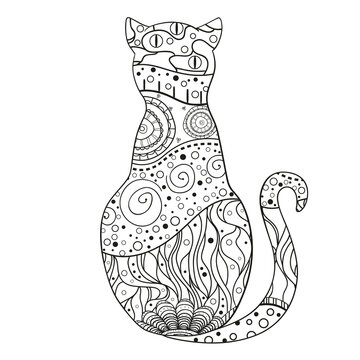 Cat. Zentangle. Hand drawn cat with abstract patterns on isolation background. Design for spiritual relaxation for adults. Black and white illustration for coloring. Zen art. Outline for t-shirts