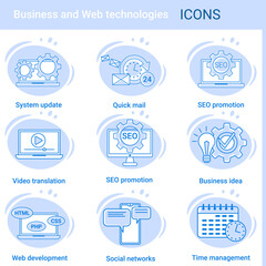 Business and Web technologies.A set of web icons in the style of thin contours.A collection of various icons for web design. Vector illustration.