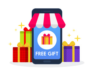 Online store offer free gifts for customer. Creative business concept for e-commerce, digital shopping, or marketing. Simple trendy cute cartoon vector illustration. Flat style graphic design element.