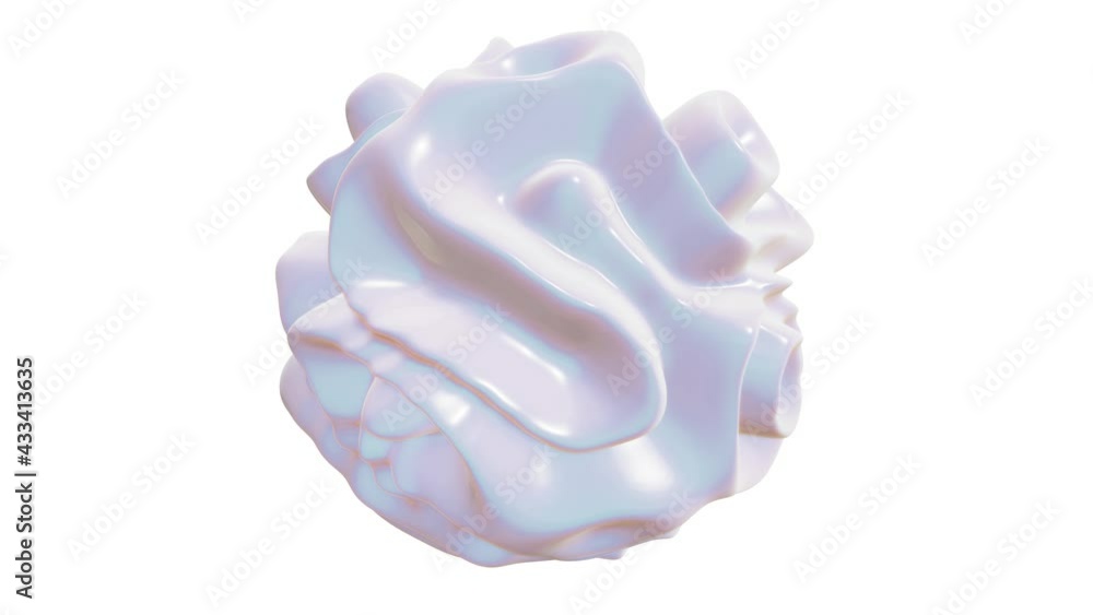 Poster seamless looping 3d animation of the abstract morphing iridescent white organic form against white b