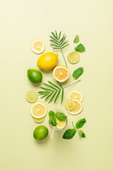 Summer pastel green citrus background. Slices of lemon lime and mint. Top view, copy space