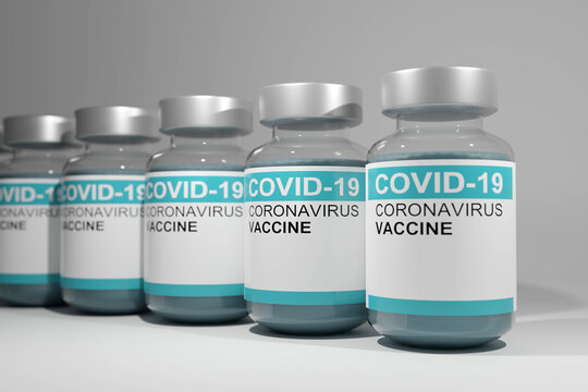 Virus vaccine development of a coronavirus COVID-19. Vaccine bottle in concept of insurance and fight against coronavirus 2019. 3D Rendering.