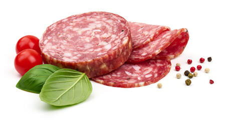 Salami smoked sausage, Traditional dry-cured Milano salami, isolated on white background. High resolution image.