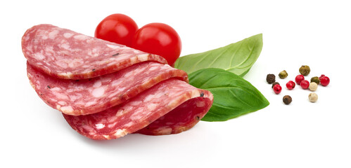 Salami smoked sausage, Traditional dry-cured Milano salami, isolated on white background. High resolution image.