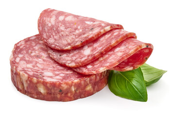 Italian Salami sausage slices, isolated on white background. High resolution image.