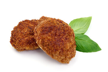Fried pork cutlets in breadcrumbs, isolated on white background. High resolution image.