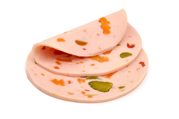 Bologna sausage slices, isolated on white background. High resolution image.