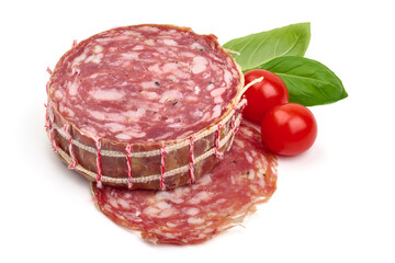 Italian Salami sausage slices, isolated on white background. High resolution image.