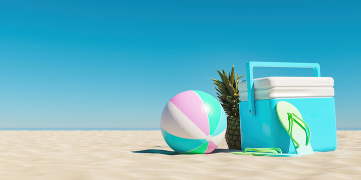 beach fridge with ball and pineapple on the beach sand