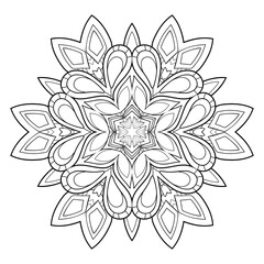 Simple doodle mandala with floral patterns on a white isolated background. For coloring book pages.